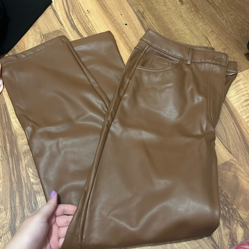 Brown Straight Leg Faux Leather Pants